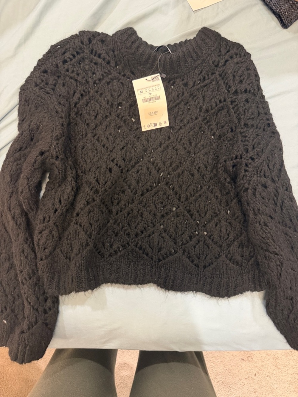 Zara black Open-Knit Crewneck Sweater